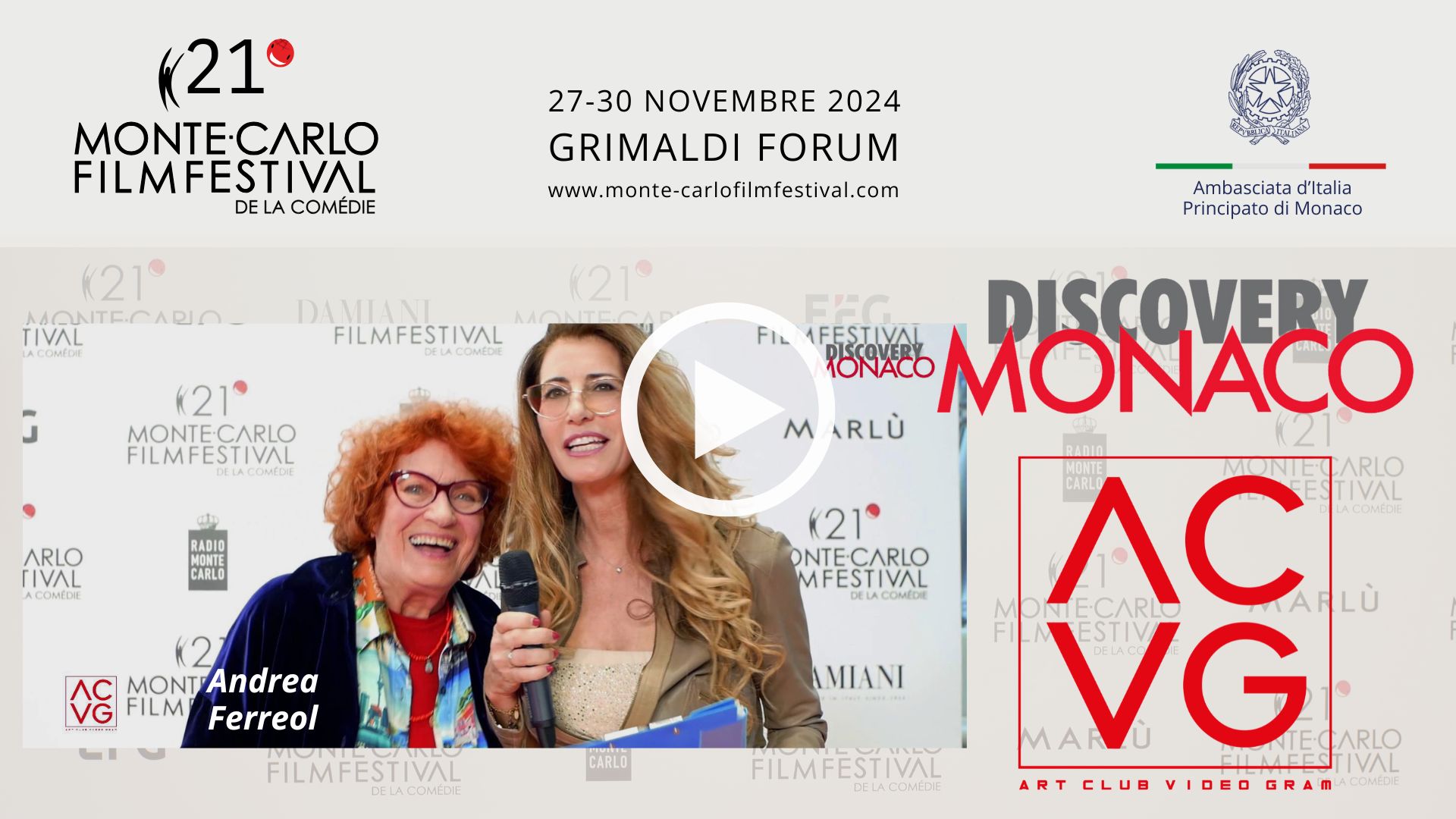 2024 Monte-Carlo Film Festival de la Comédie. Interviste. Discovery Monaco. Serie Art Club Videogram.Intervista a Andrea Ferreol